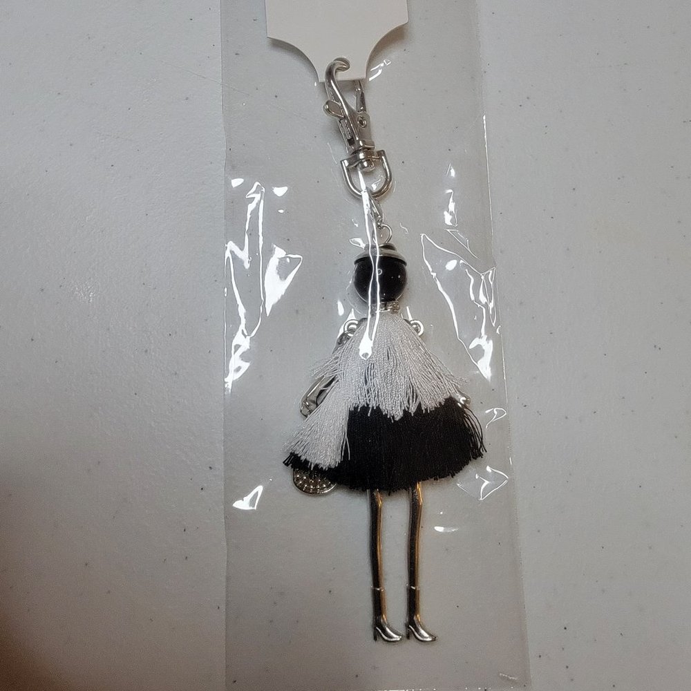 Fashion Doll Tassel Purse Charm Keychain Black White Dress Handbag Bag Charm